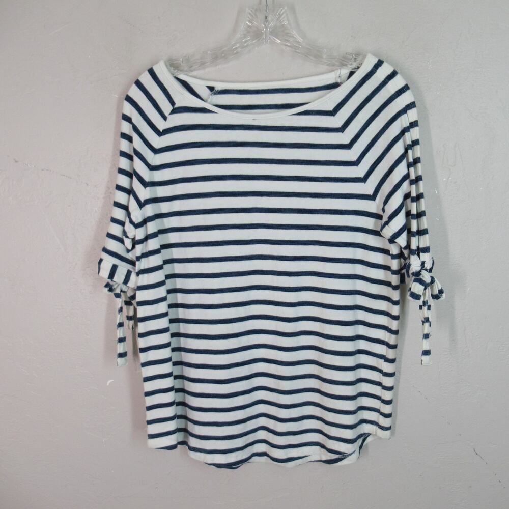 Jane Delancey Top S Blue White Stripe Boat Neck Peak Shoulder Short Tie Sleeve